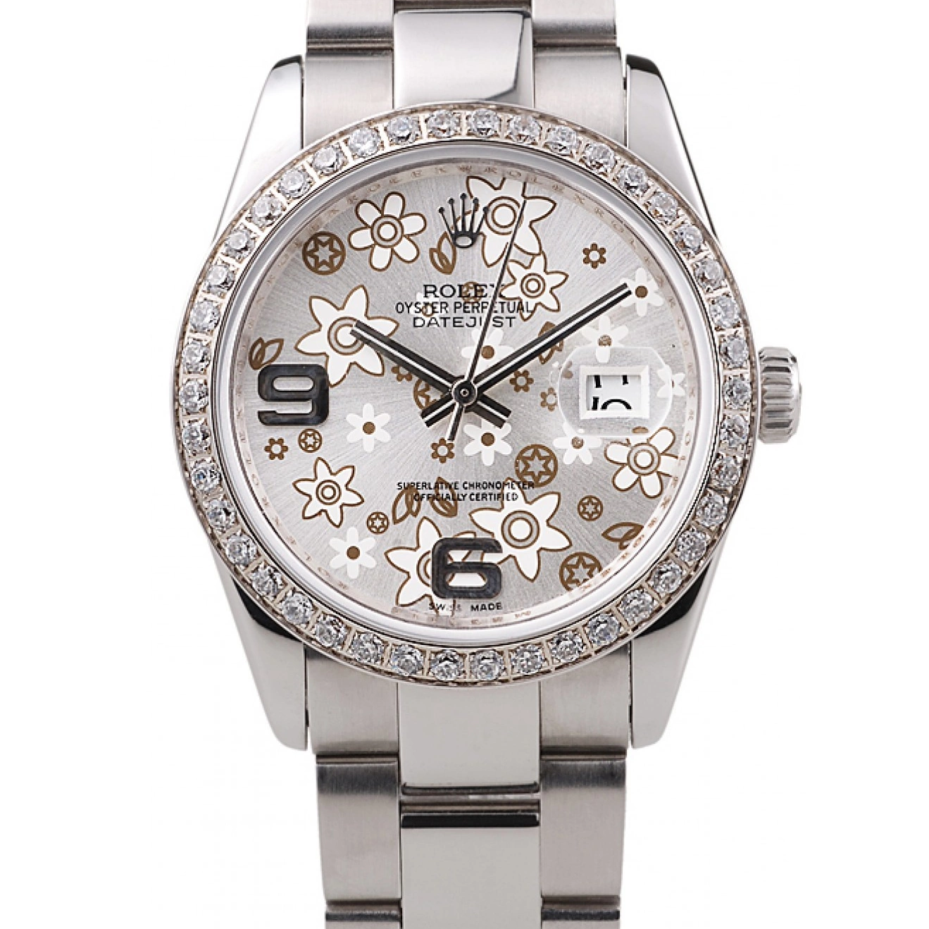 Best AAA Replica Sites Diamond Rolex Steel Datejust Flowers Plated rl305 Silver Dial Stainless 0524